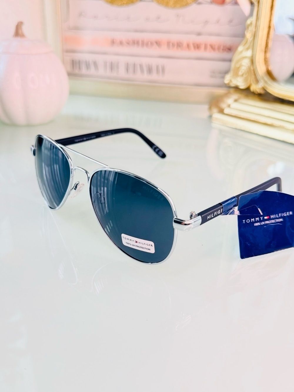 Tommy Hilfiger Aviator Sunglasses - Dark Blue Lenses, Silver Frame